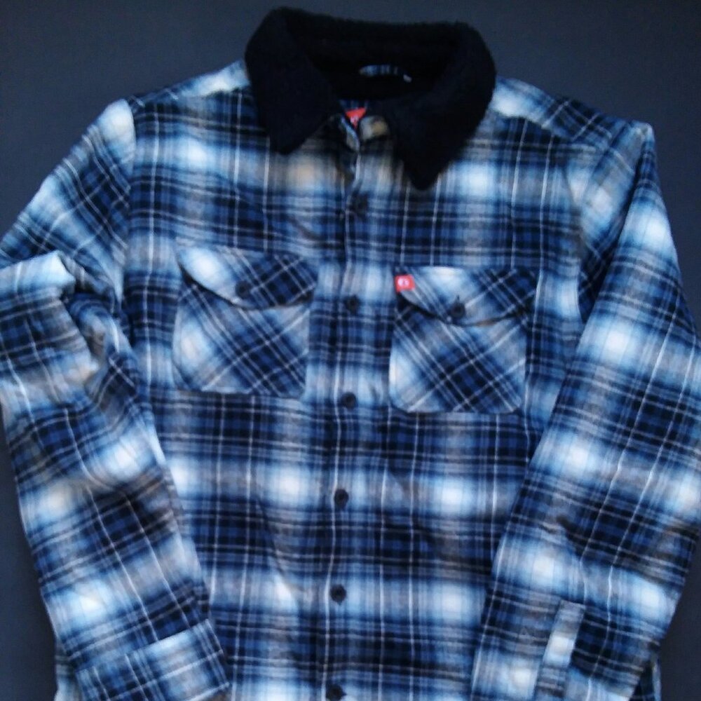 American Outdoorsman Soft Cotton Sherpa Collar Plaid Flannel Shirt Jacket Sky Bl